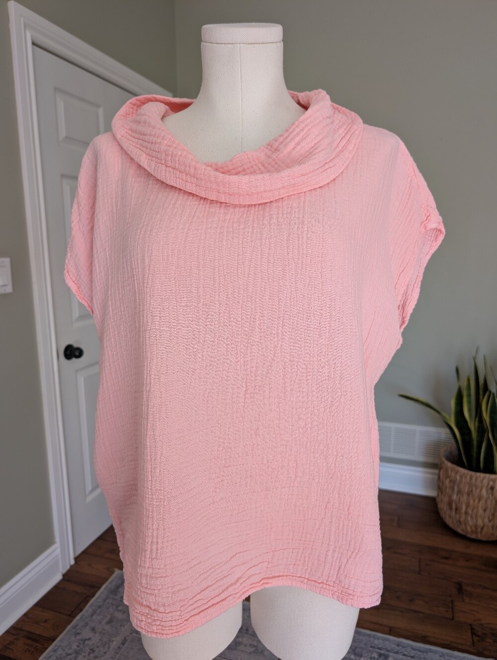 Shannon Passero Pink Cotton Top Gauze Cowl Neck Oversized Coastal Size M